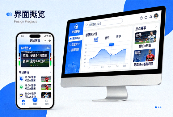 足球赛事APP在手机和电脑端的界面预览展示图